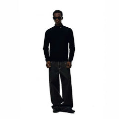 NOAH MARS Men Vintage Mock Neck Long Sleeve Base Tee Chest Cross Embroidery