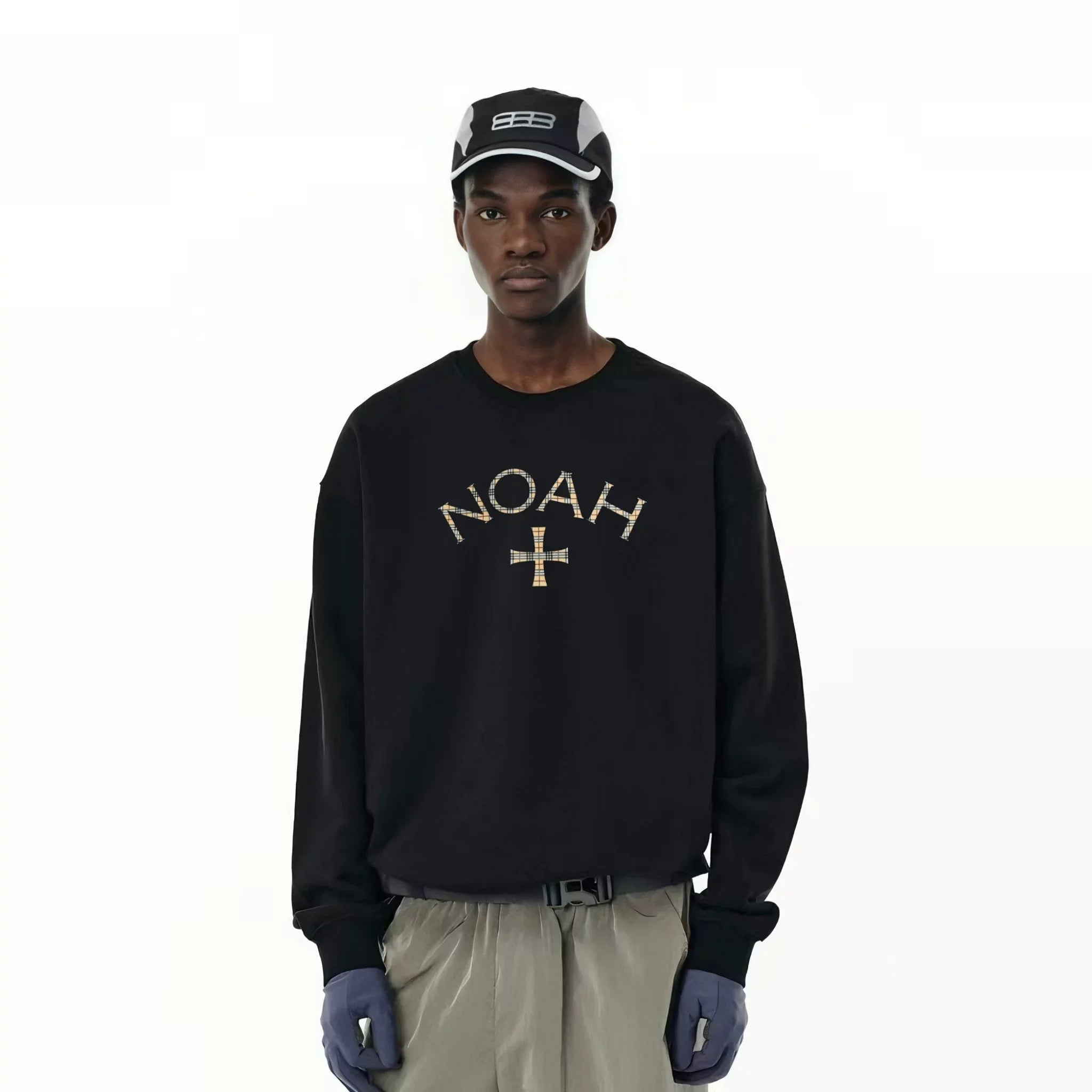 NOAH MARS Men Plaid Cross Thread Splice Crew Neck Sweatshirt