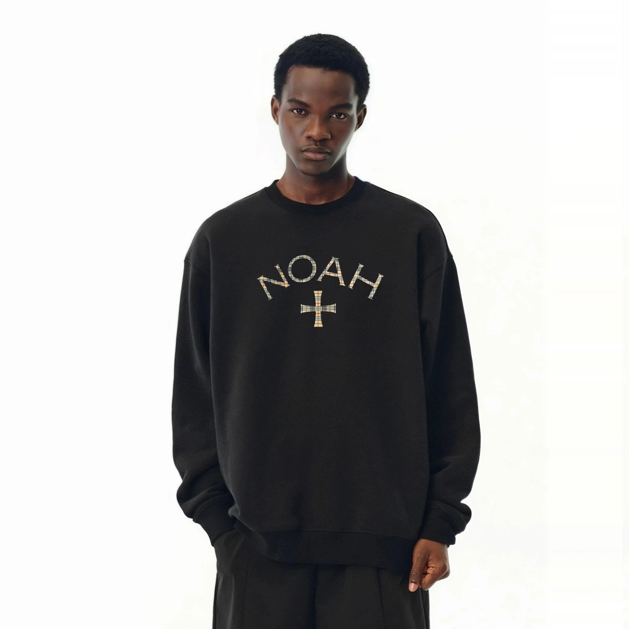 NOAH MARS Men Plaid Cross Thread Splice Crew Neck Sweatshirt