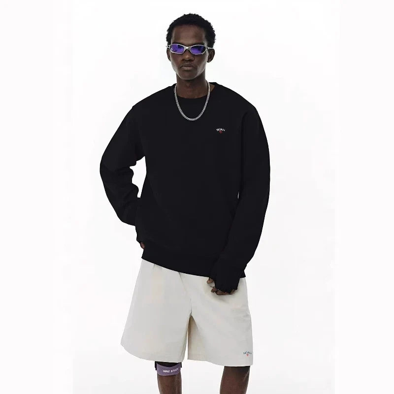 NOAH MARS Men Crew Sweatshirt Minimal Cross Embroidery American Casual