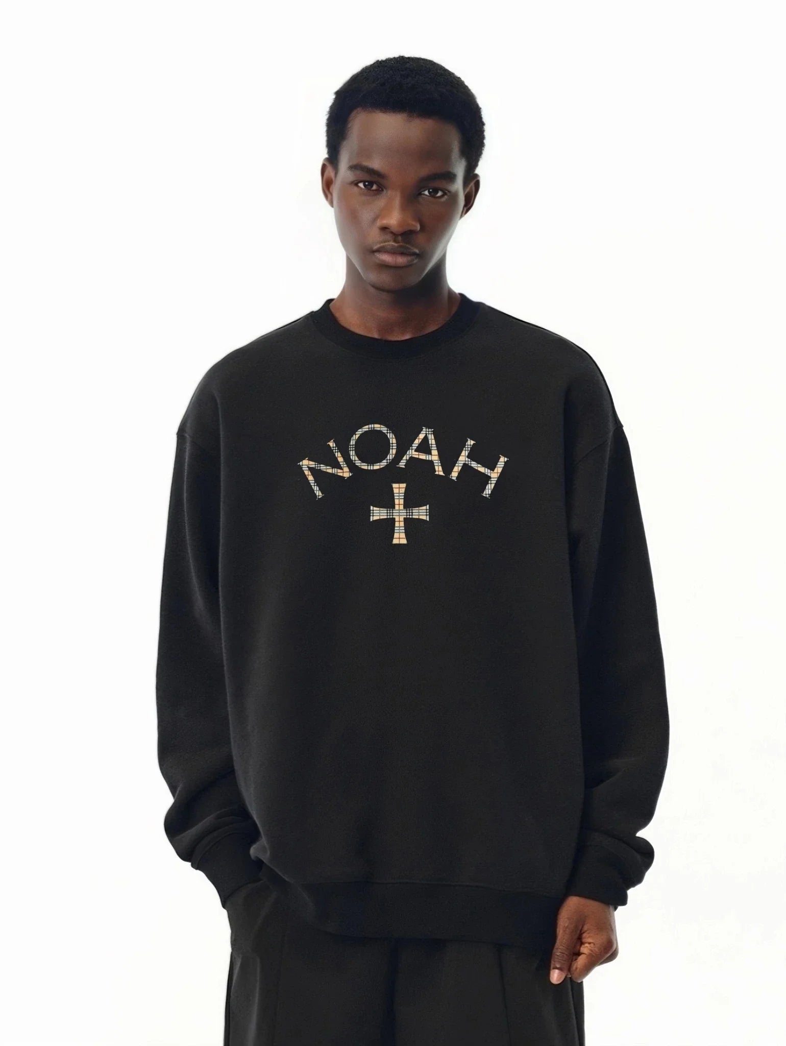 NOAH MARS Men Plaid Cross Thread Splice Crew Neck Sweatshirt
