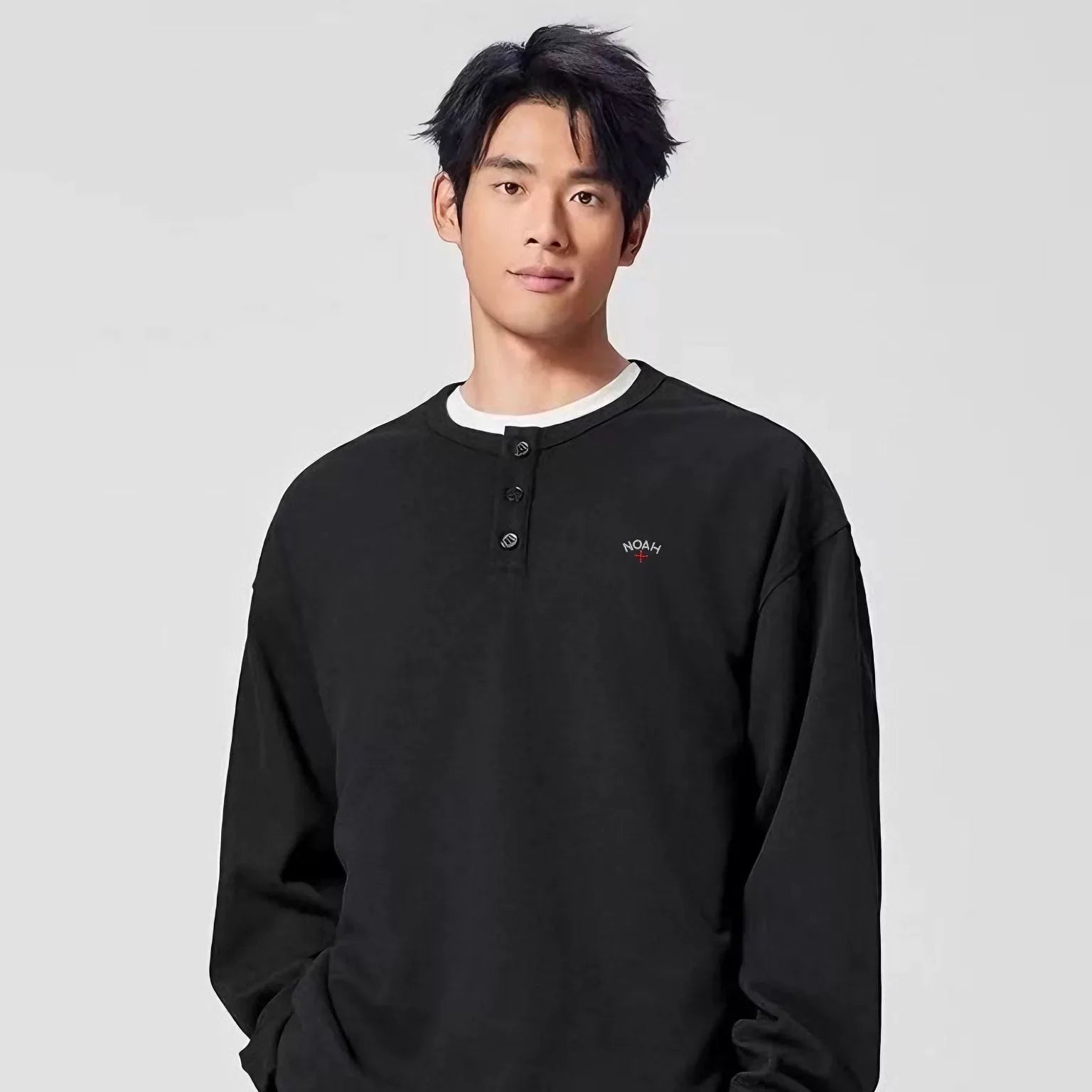 NOAH MARS Men Henley Black Soul Cross Embroidered Long Sleeve Tee