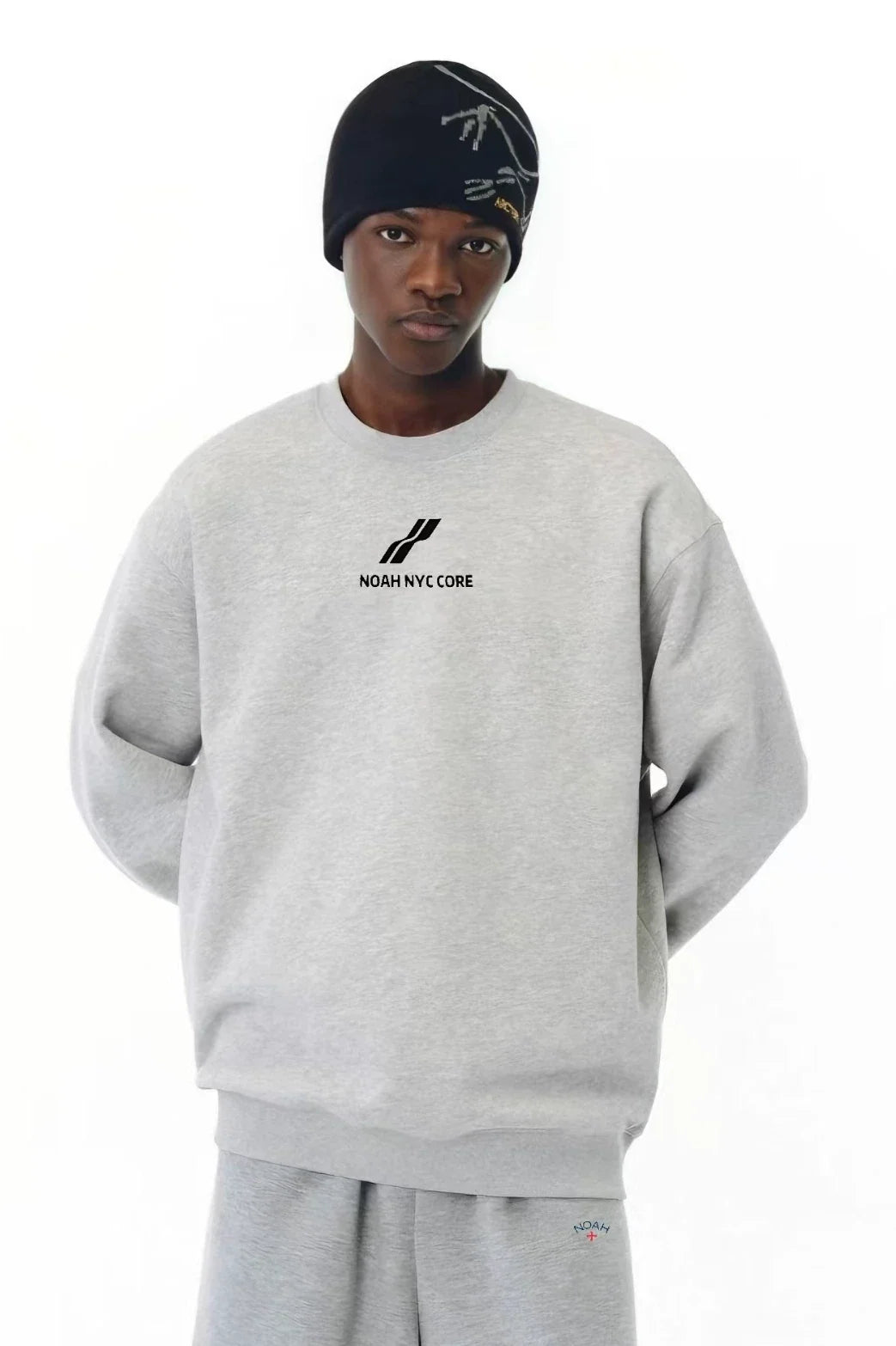 NOAH MARS Men Grey Thread Splice Crew Sweatshirt Two Bar Wave Print
