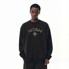 NOAH MARS Men Heavyweight Crew Sweatshirt Plaid Cross Thread Splicing