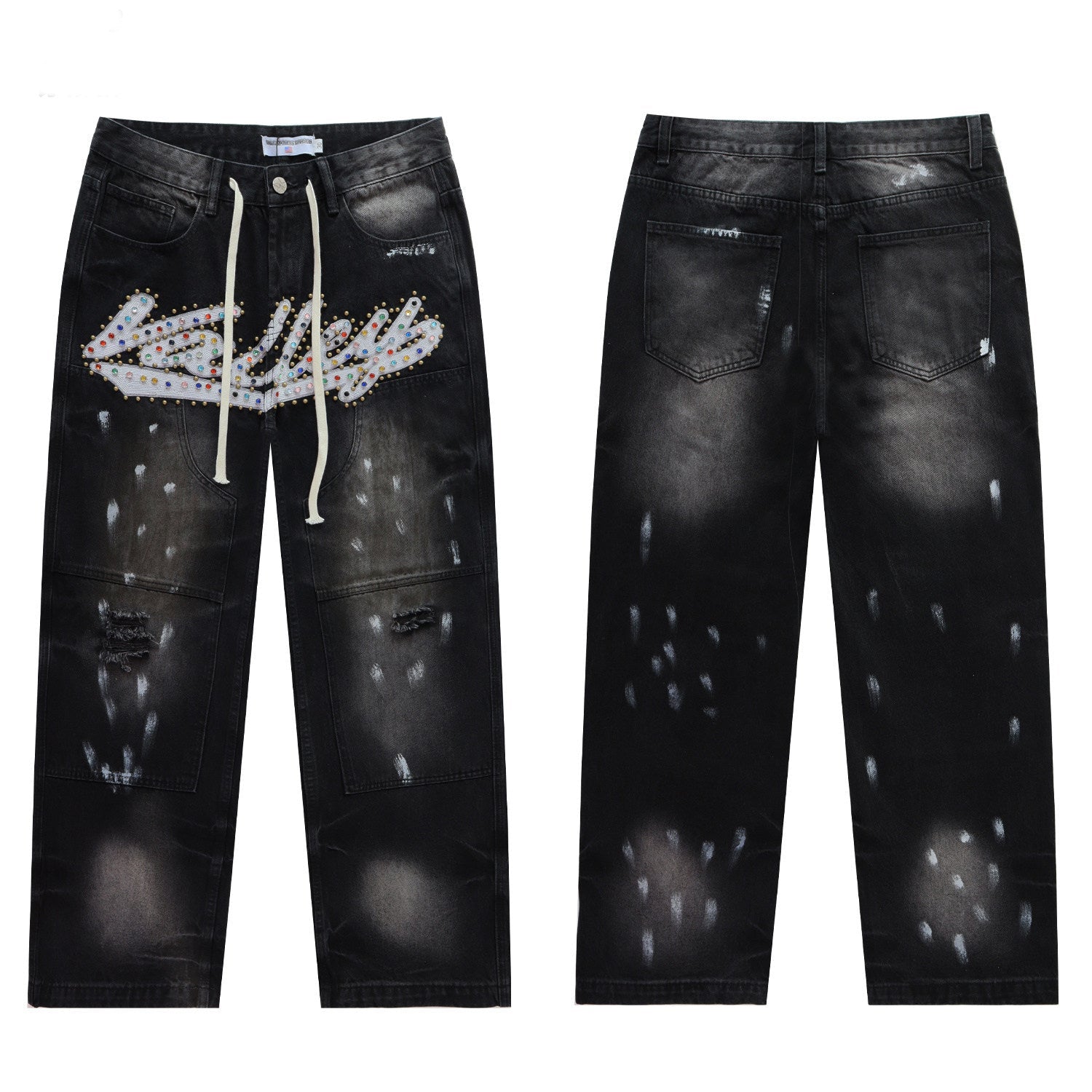 Vale Forever Black Washed Rhinestone Logo Splatter Wide Leg Jeans