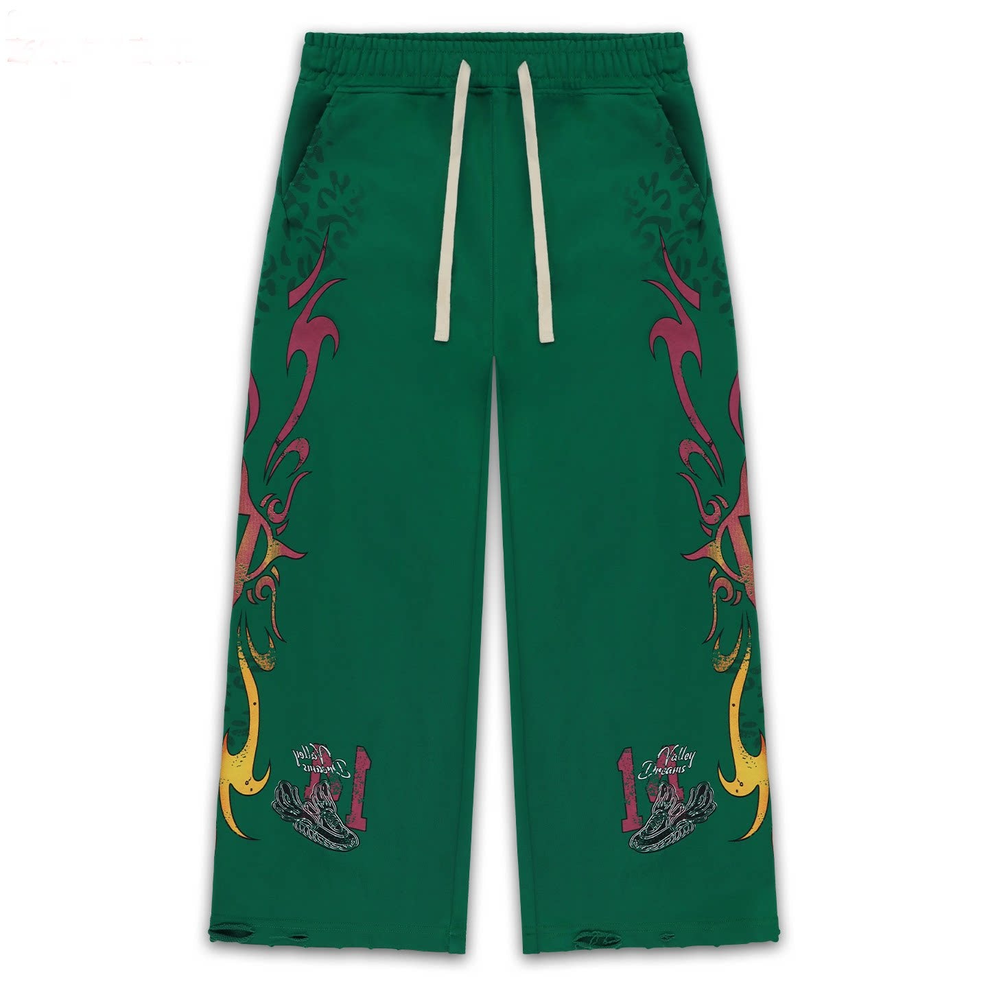 Vale Forever Green Tribal Graphic Distressed Wide Leg Sweatpants