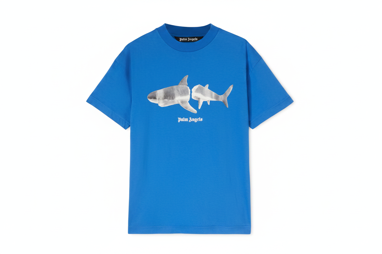 PALM ANGELS SHARK PRINT SHORT SLEEVE T‑SHIRT BLUE